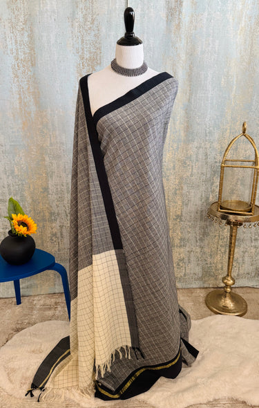 ShopNaya Exclusive | Handwoven | Pure Cotton Saree | No Blouse | Gray & Black | Ships from California